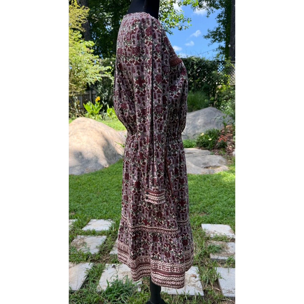Thursday Island Floral Smocked Boho Midi Dress Burgundy Multi Long Sleeve - Picture 3 of 11